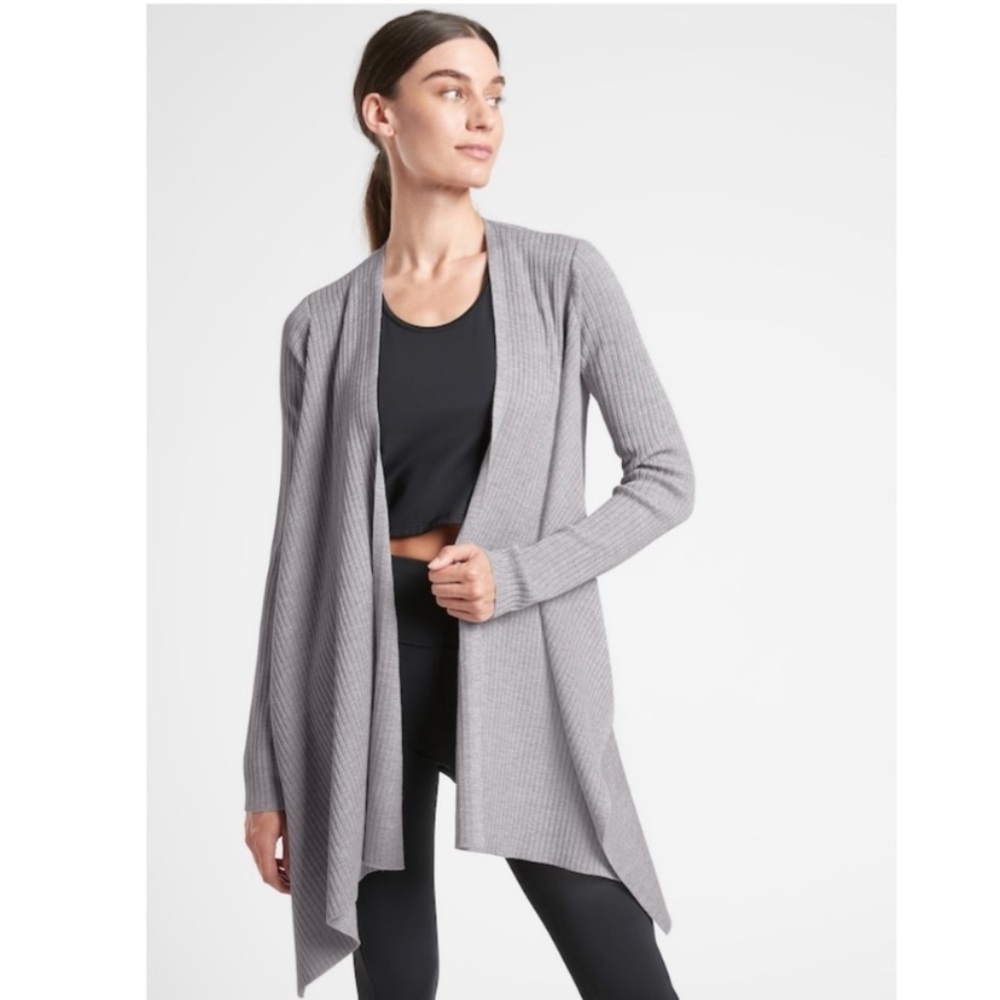 Athleta Solstice Wrap Wool Blend Waterfall Ribbed Cardigan Sweater Gray Sz XXS
